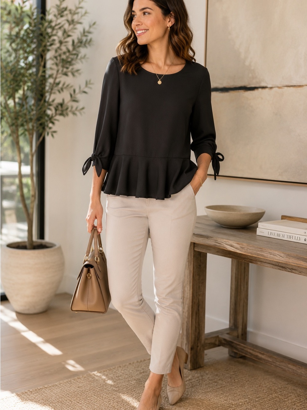 Banana Republic Black Peplum Tie 3/4 Sleeve Blouse Medium